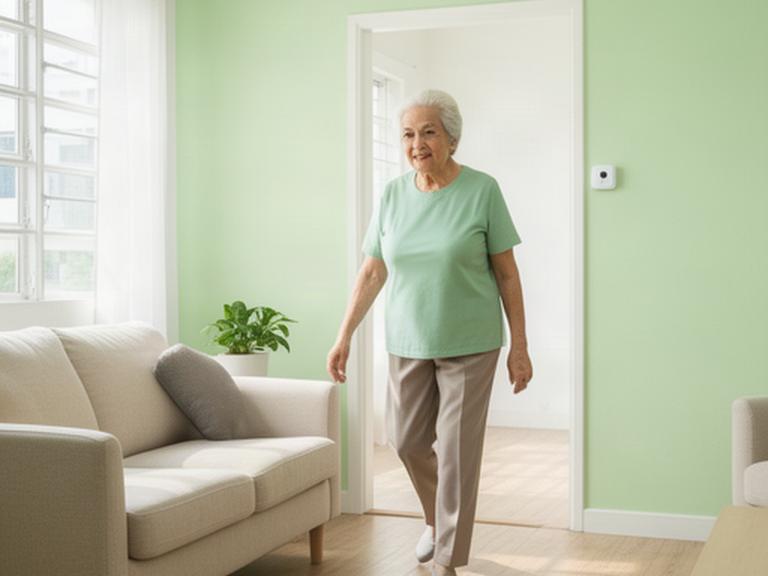 An older woman moving through a bright Singapore HDB living room with a small discreet wall sensor near the doorway