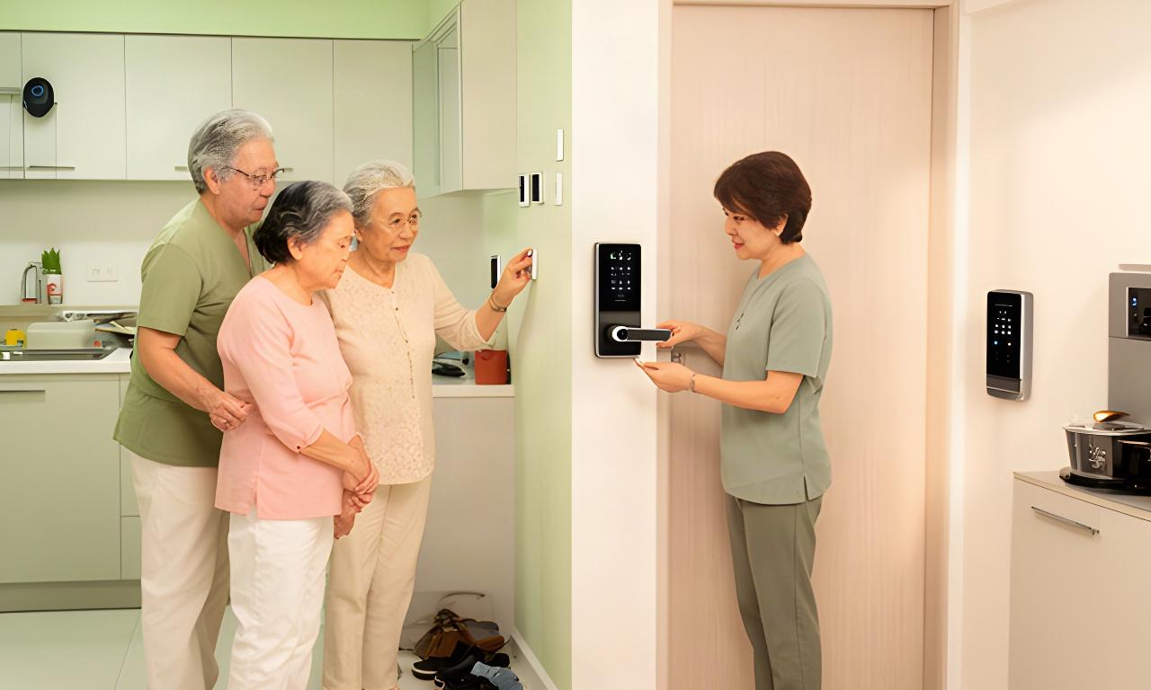 Singapore family in a bright HDB flat checking a smart door lock and kitchen controls beside the entrance